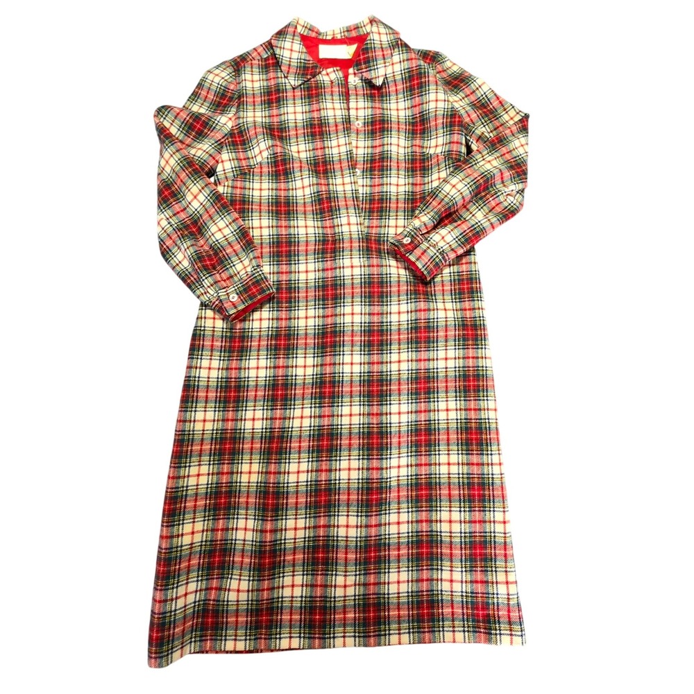 Pendleton Vintage 1960s Wool Plaid Shirt Dress Red Green‎ Cream Womens 14